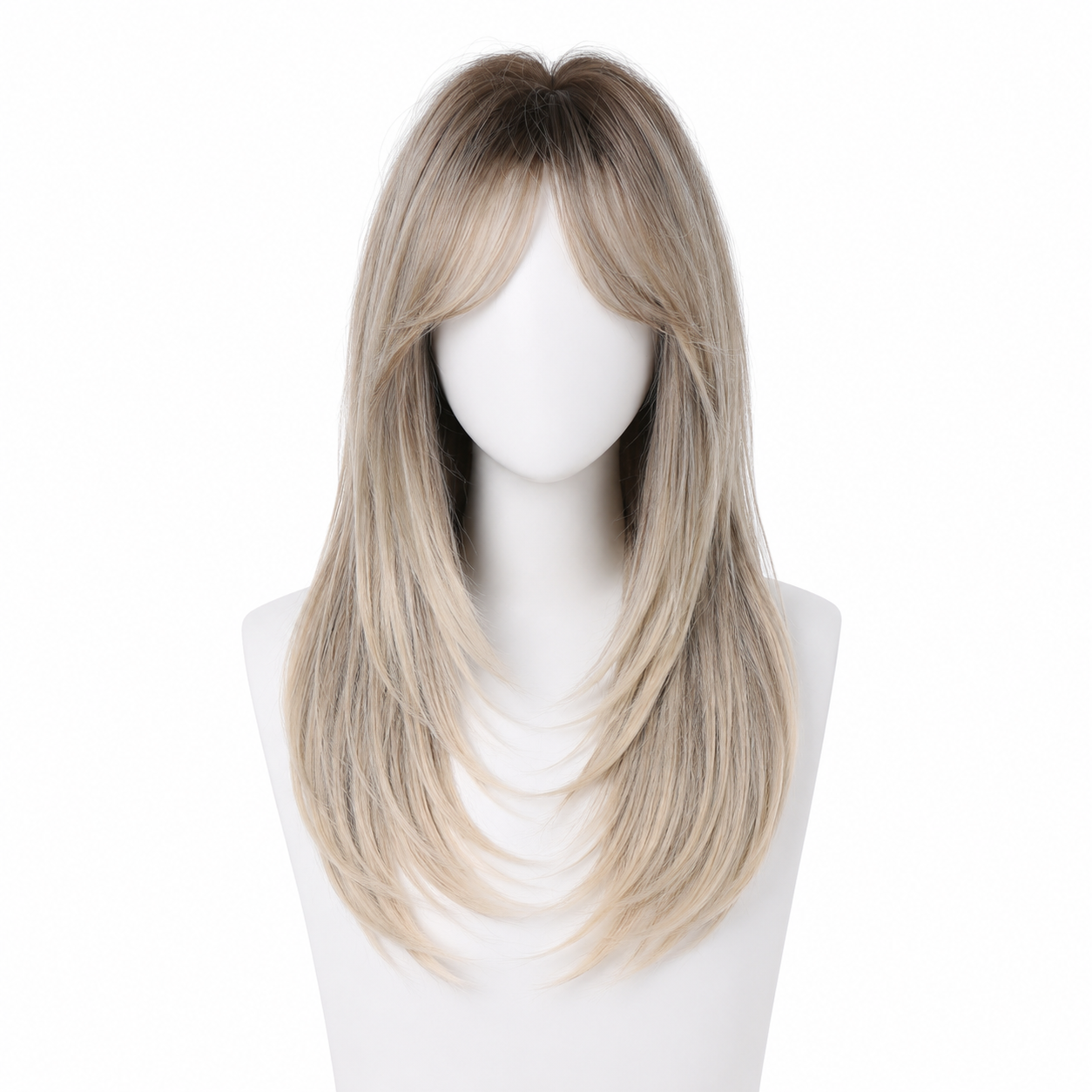 Glueless Layered Blonde Synthetic Wig with Curtain Bangs | Long Straight Heat Resistant Wig
