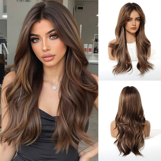 Glueless Layered Wavy Synthetic Wig with Curtain Bangs