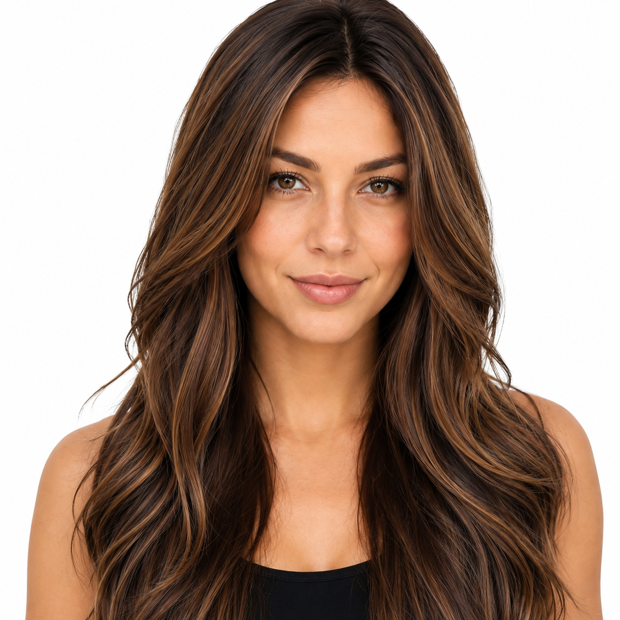 Long Layered Brown Highlight Synthetic Wig | Glueless Natural Wave Wig