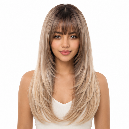 Golden Blonde Long Straight Layered Wig with Bangs
