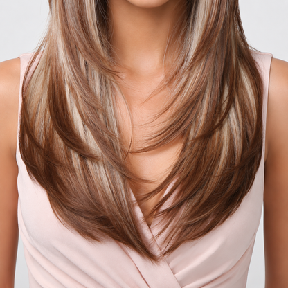 Long Layered Brown Wig with Curtain Bangs | Heat Resistant Synthetic Wig