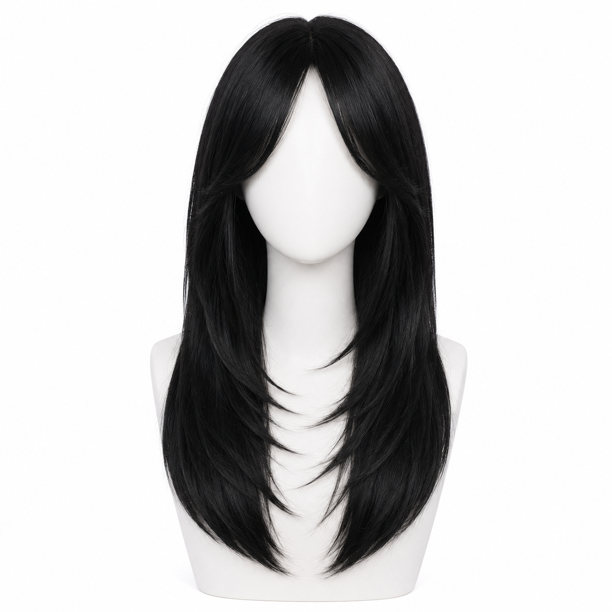 Long Layered Straight Black Wig with Curtain Bangs | Heat Resistant Synthetic Wig