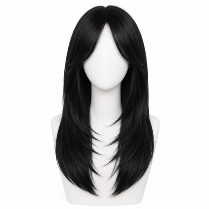Long Layered Straight Black Wig with Curtain Bangs | Heat Resistant Synthetic Wig