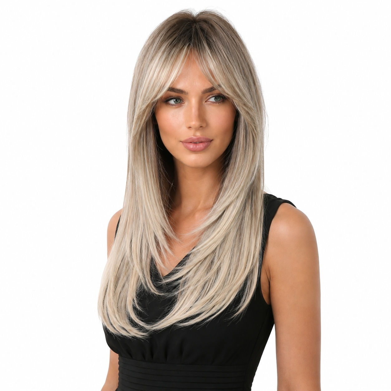 Glueless Layered Blonde Synthetic Wig with Curtain Bangs | Long Straight Heat Resistant Wig