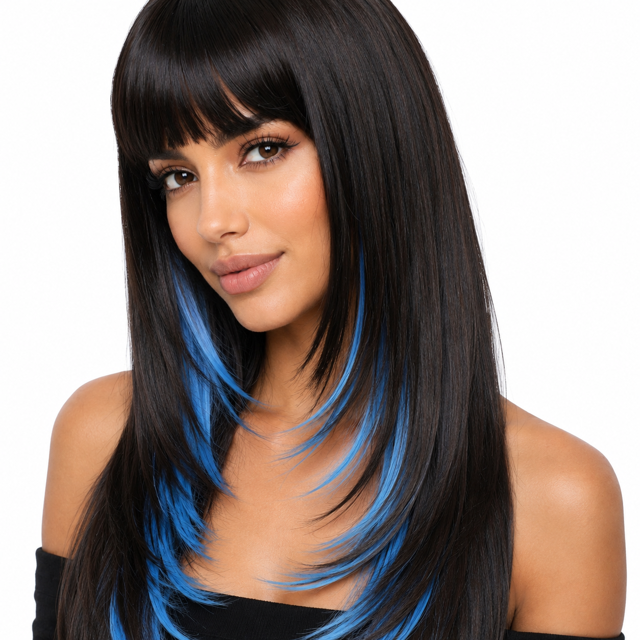 Black and Blue Highlight Long Straight Wig with Bangs