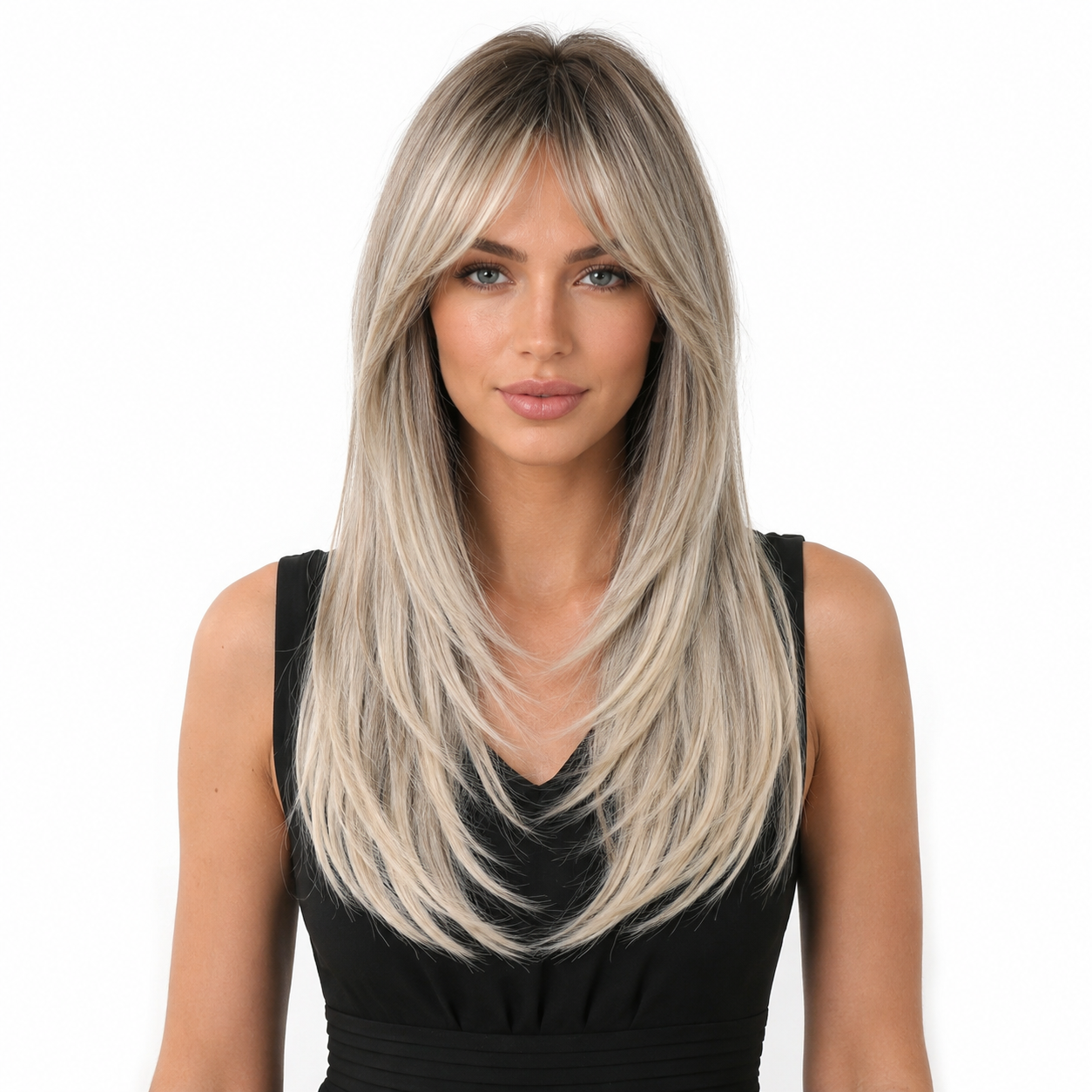 Glueless Layered Blonde Synthetic Wig with Curtain Bangs | Long Straight Heat Resistant Wig