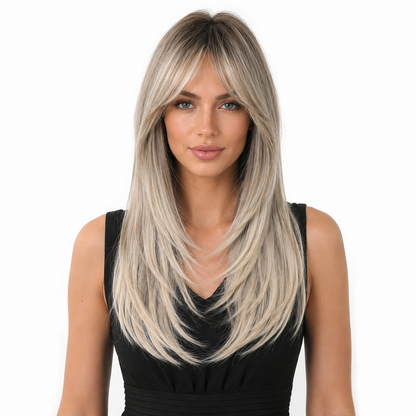Glueless Layered Blonde Synthetic Wig with Curtain Bangs | Long Straight Heat Resistant Wig