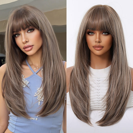 Layered Long Straight Wig with Bangs – Glueless Heat-Resistant Synthetic Hair