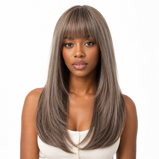 Rose Brown Long Straight Layered Wig with Bangs