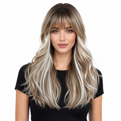 Glueless Layered Blonde Synthetic Wig with Curtain Bangs | BMOU Wigs