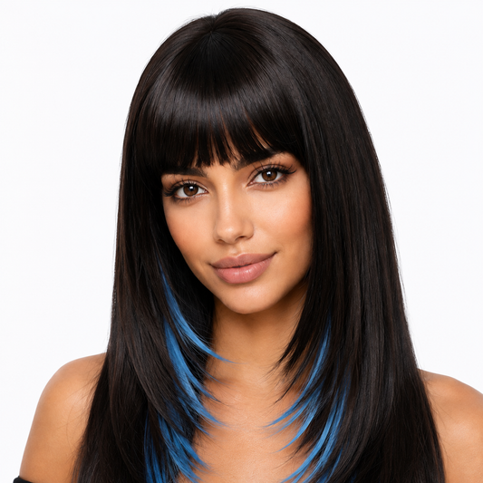 Black and Blue Highlight Long Straight Wig with Bangs