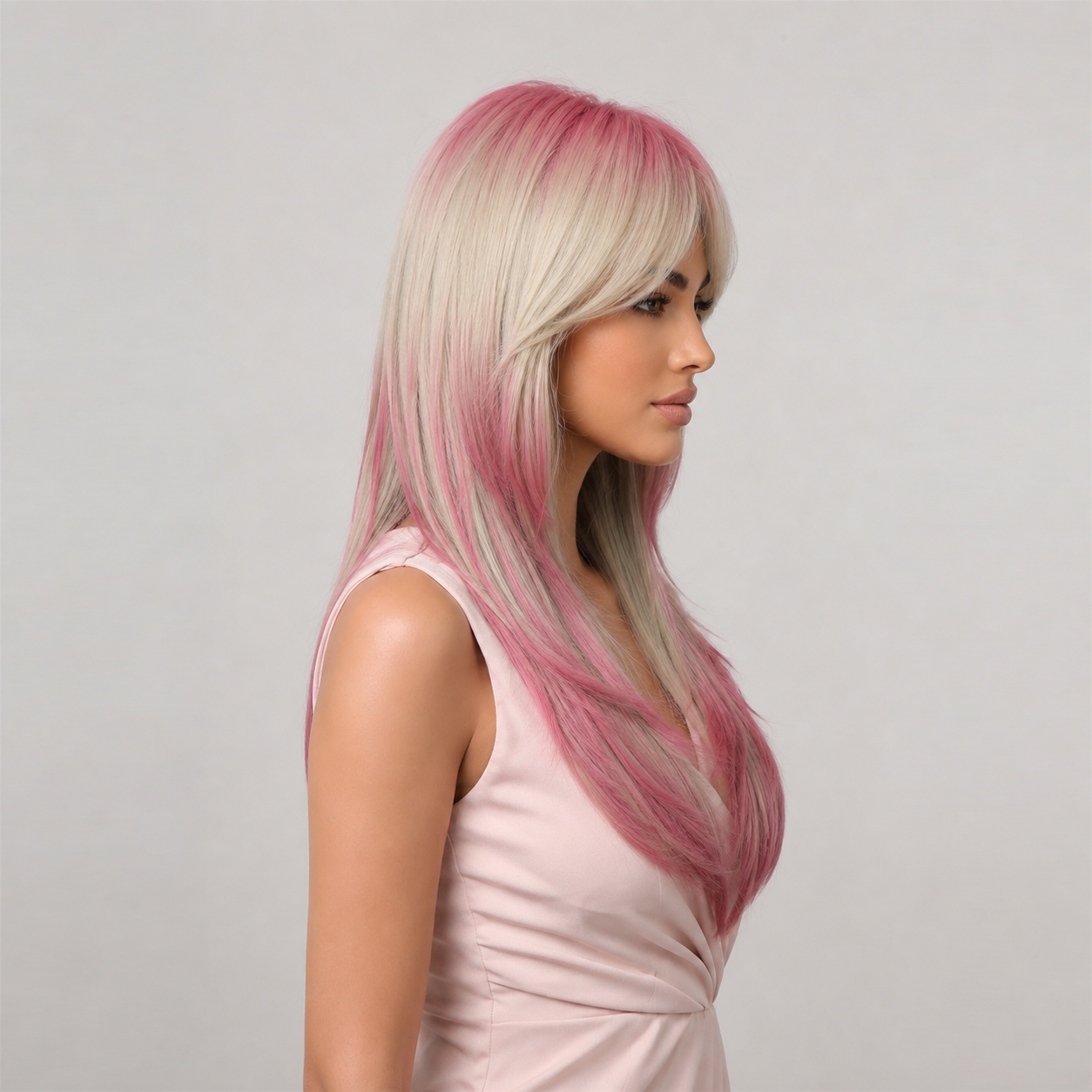 Pink Ombre Long Straight Wig with Curtain Bangs | Heat Resistant Synthetic Wig