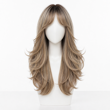 Long Layered Blonde Synthetic Wig with Bangs | Glueless Heat Resistant Wig