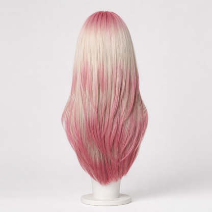 Pink Ombre Long Straight Wig with Curtain Bangs | Heat Resistant Synthetic Wig