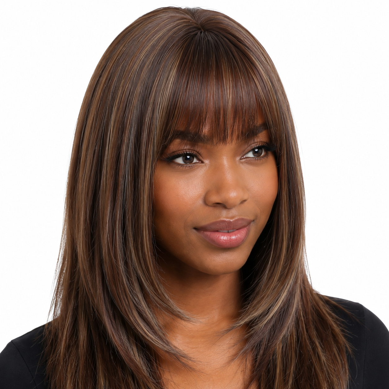 Long Straight Brown Synthetic Wig with Bangs | Glueless Heat Resistant Wig