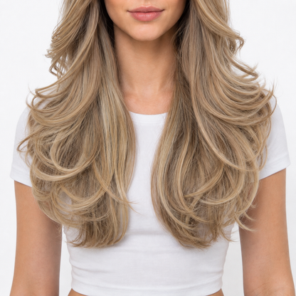 Long Layered Blonde Synthetic Wig with Bangs | Glueless Heat Resistant Wig