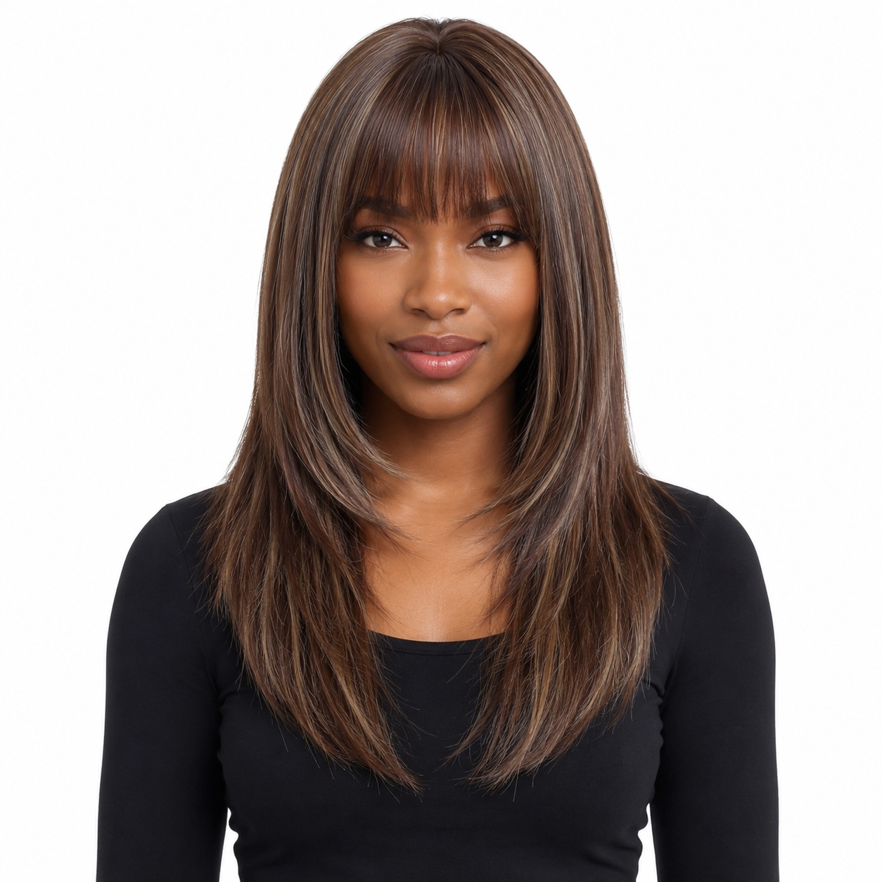 Long Straight Brown Synthetic Wig with Bangs | Glueless Heat Resistant Wig