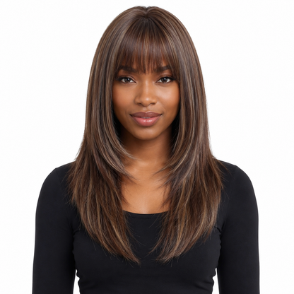 Long Straight Brown Synthetic Wig with Bangs | Glueless Heat Resistant Wig
