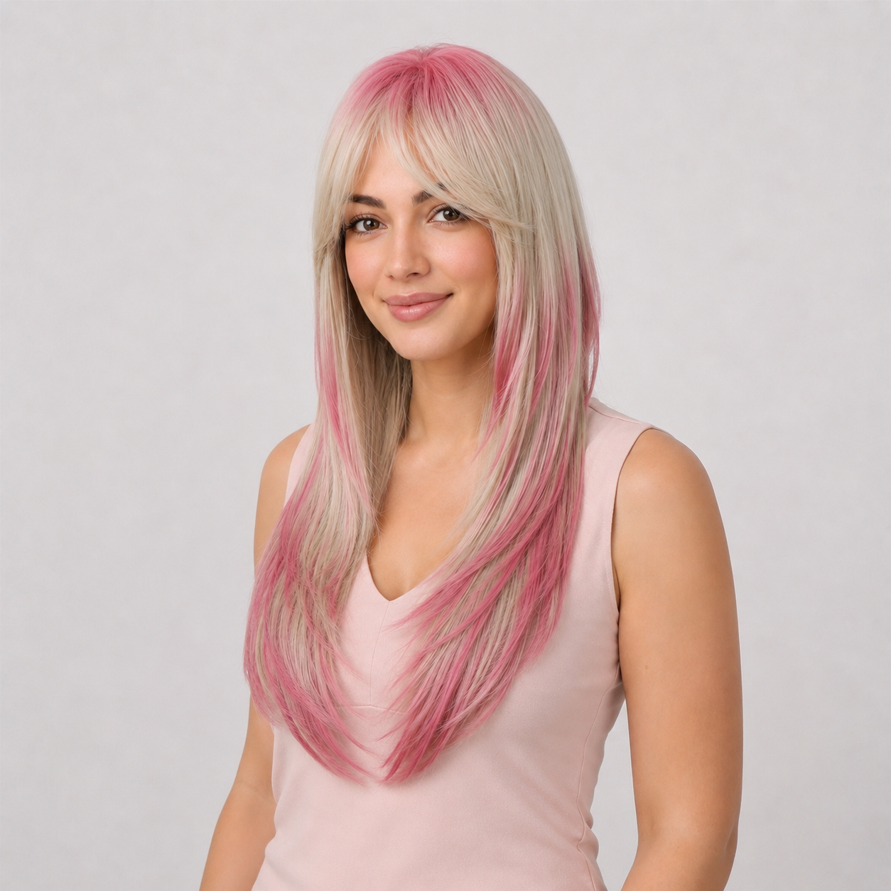 Pink Ombre Long Straight Wig with Curtain Bangs | Heat Resistant Synthetic Wig