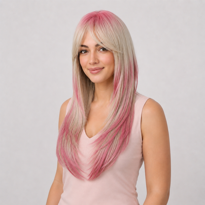 Pink Ombre Long Straight Wig with Curtain Bangs | Heat Resistant Synthetic Wig