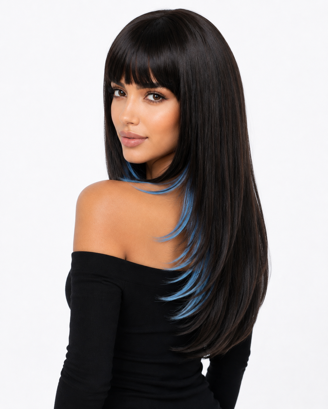 Black and Blue Highlight Long Straight Wig with Bangs