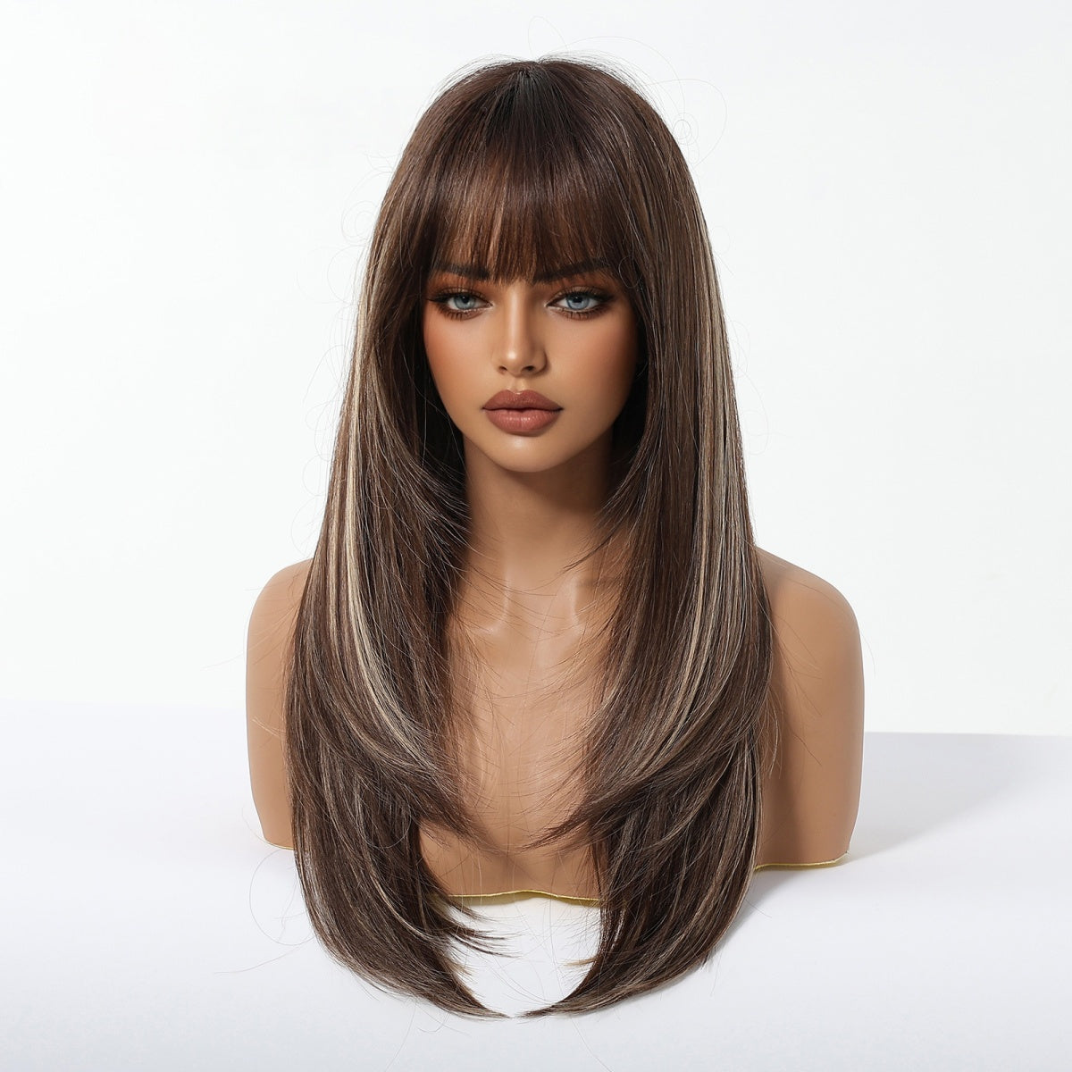 Layered Long Straight Wig with Bangs – Glueless Heat-Resistant Synthetic Hair