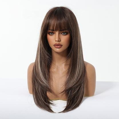 Layered Long Straight Wig with Bangs – Glueless Heat-Resistant Synthetic Hair