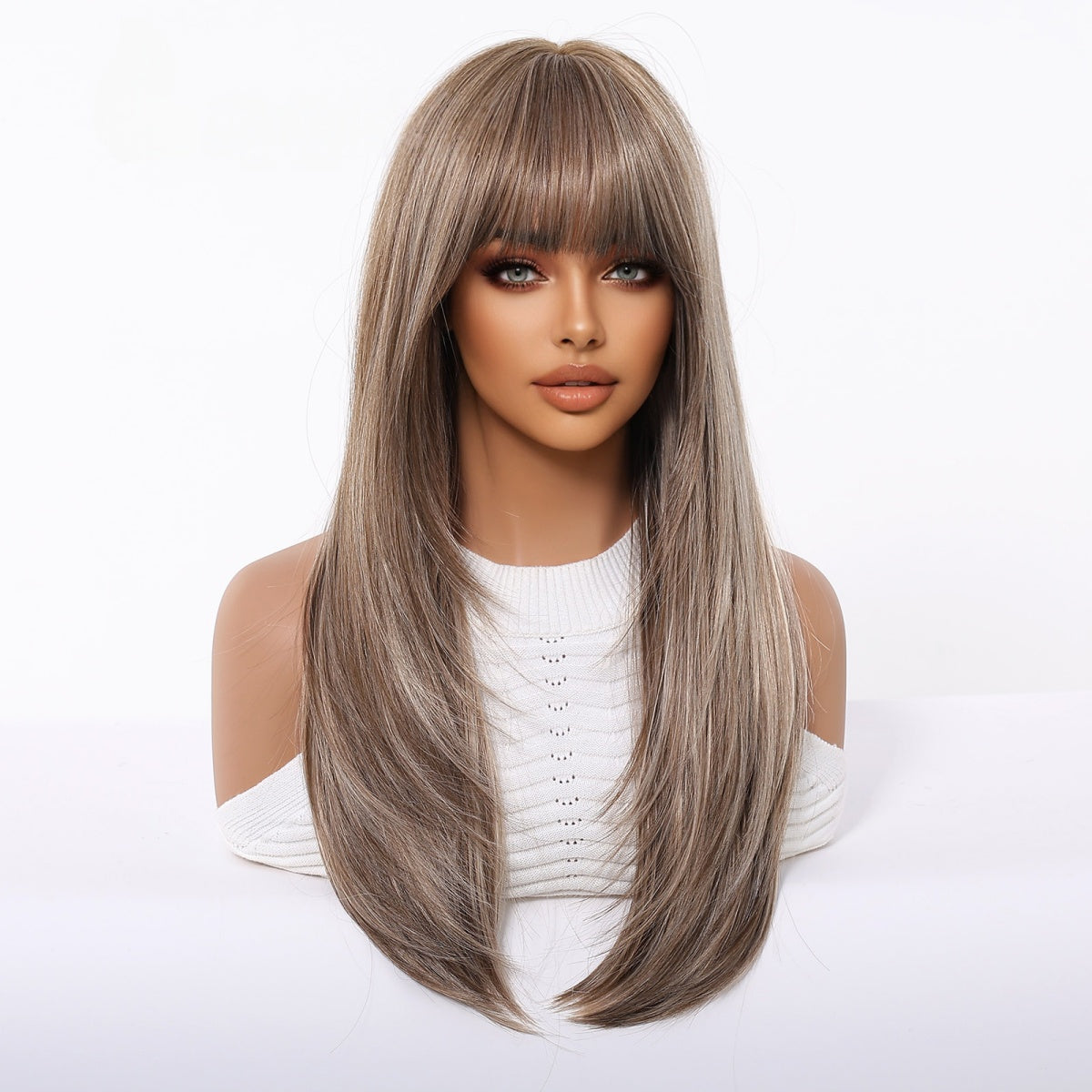 Layered Long Straight Wig with Bangs – Glueless Heat-Resistant Synthetic Hair