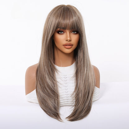 Layered Long Straight Wig with Bangs – Glueless Heat-Resistant Synthetic Hair