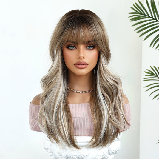 20-inch Highlighted Wavy Synthetic Wig with Bangs