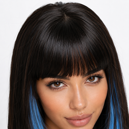 Black and Blue Highlight Long Straight Wig with Bangs