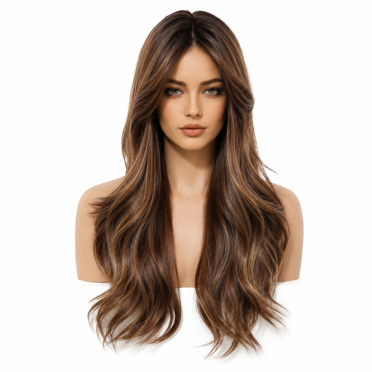 Long Layered Brown Highlight Synthetic Wig | Glueless Natural Wave Wig