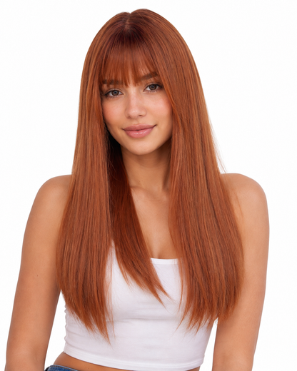 Copper Orange Long Straight Wig with Bangs