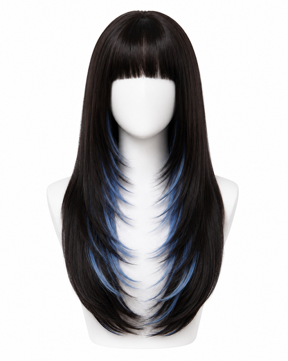 Black and Blue Highlight Long Straight Wig with Bangs