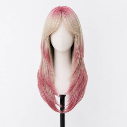 Pink Ombre Long Straight Wig with Curtain Bangs | Heat Resistant Synthetic Wig