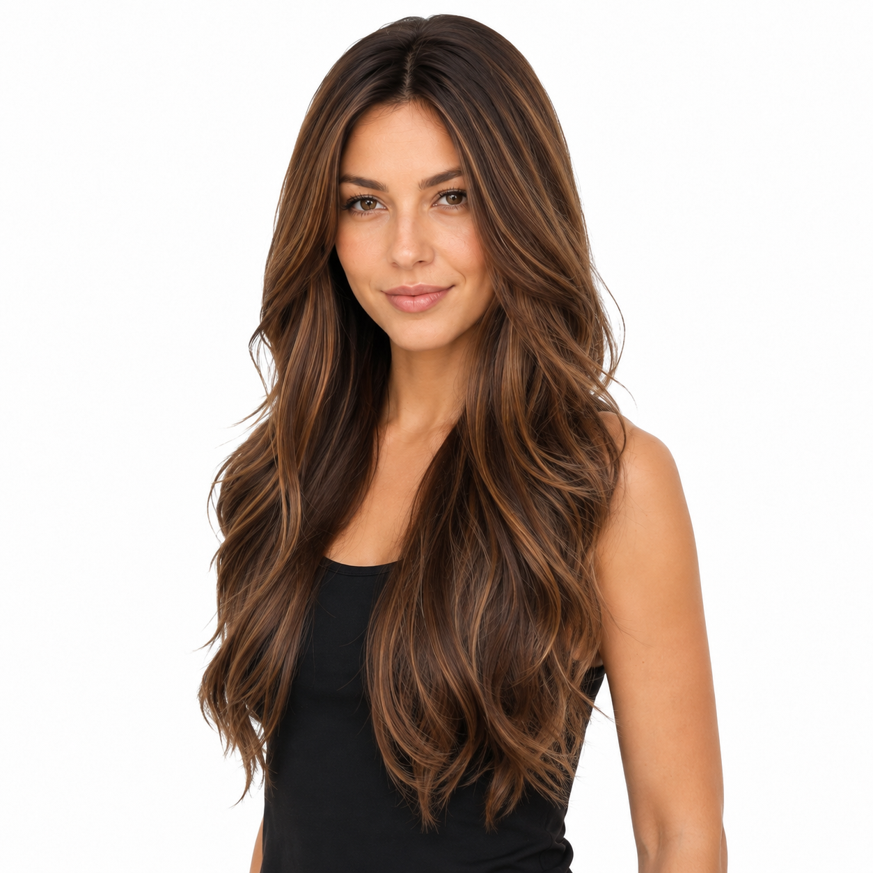 Long Layered Brown Highlight Synthetic Wig | Glueless Natural Wave Wig