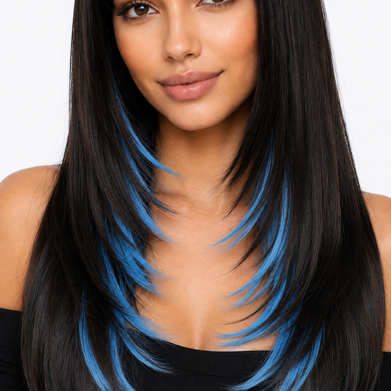 Black and Blue Highlight Long Straight Wig with Bangs