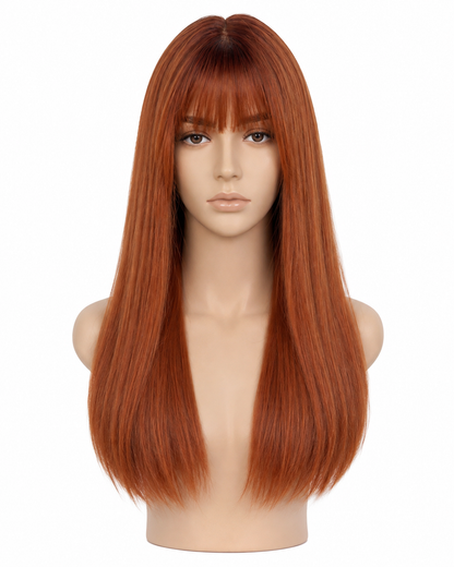 Copper Orange Long Straight Wig with Bangs