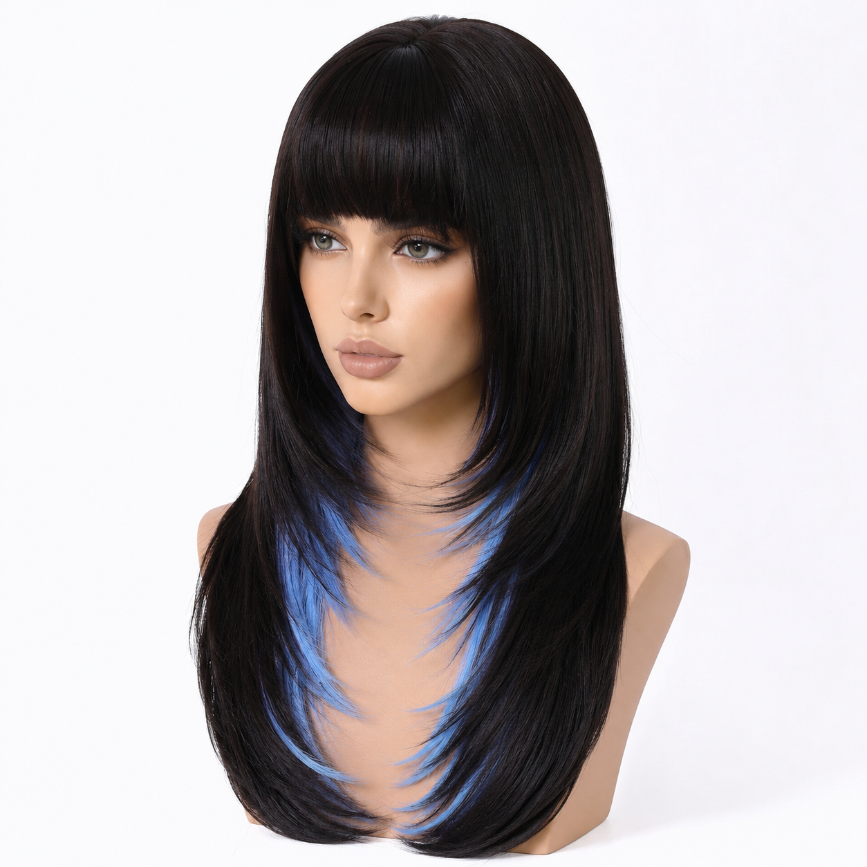 Black and Blue Highlight Long Straight Wig with Bangs
