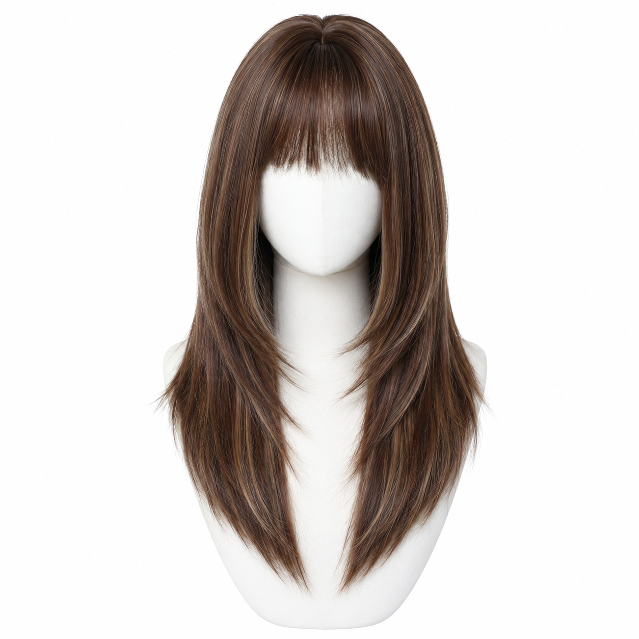 Long Straight Brown Synthetic Wig with Bangs | Glueless Heat Resistant Wig