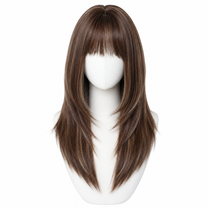 Long Straight Brown Synthetic Wig with Bangs | Glueless Heat Resistant Wig