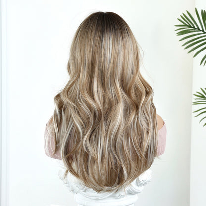 20-inch Highlighted Wavy Synthetic Wig with Bangs