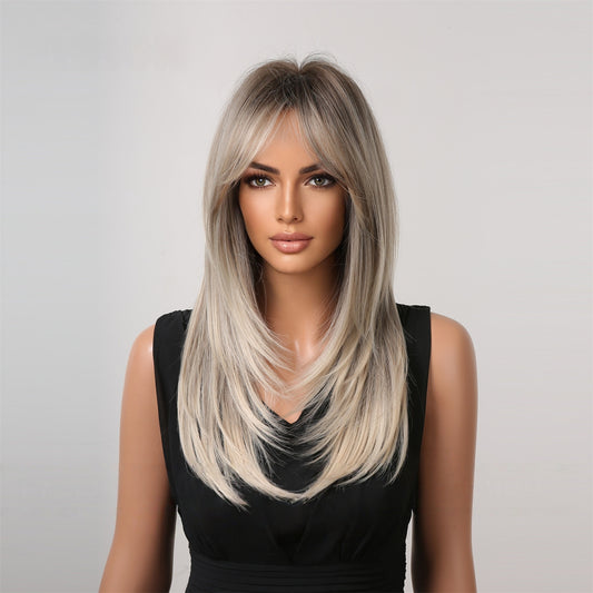 Siamese Ash Ombre Blonde Layered Straight Glueless Synthetic Wig