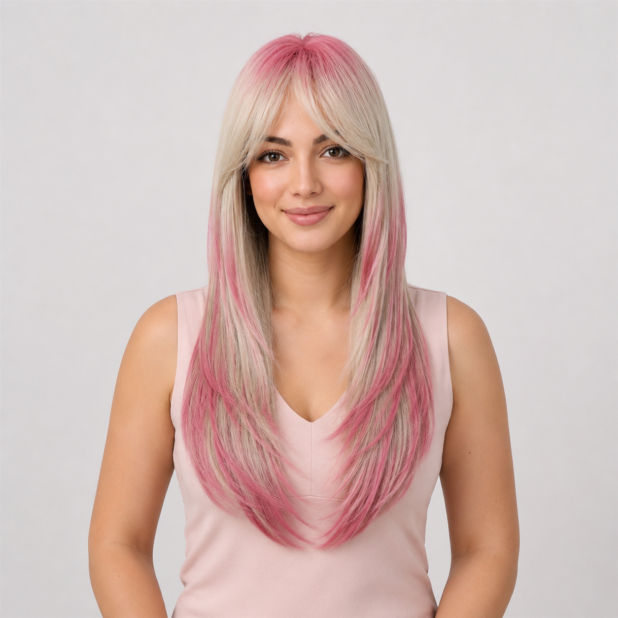 Pink Ombre Long Straight Wig with Curtain Bangs | Heat Resistant Synthetic Wig