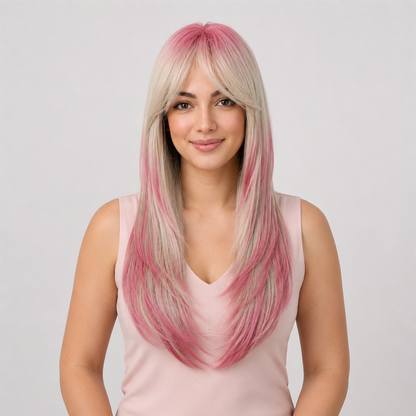 Pink Ombre Long Straight Wig with Curtain Bangs | Heat Resistant Synthetic Wig
