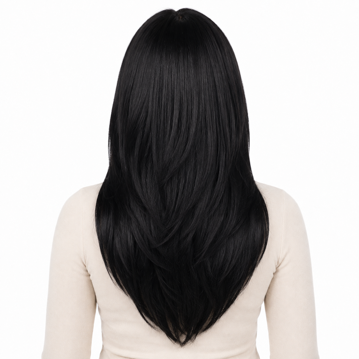 Long Layered Straight Black Wig with Curtain Bangs | Heat Resistant Synthetic Wig