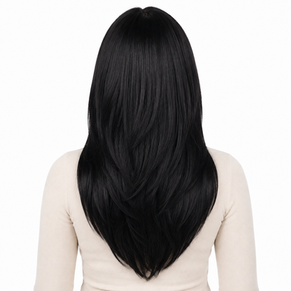 Long Layered Straight Black Wig with Curtain Bangs | Heat Resistant Synthetic Wig