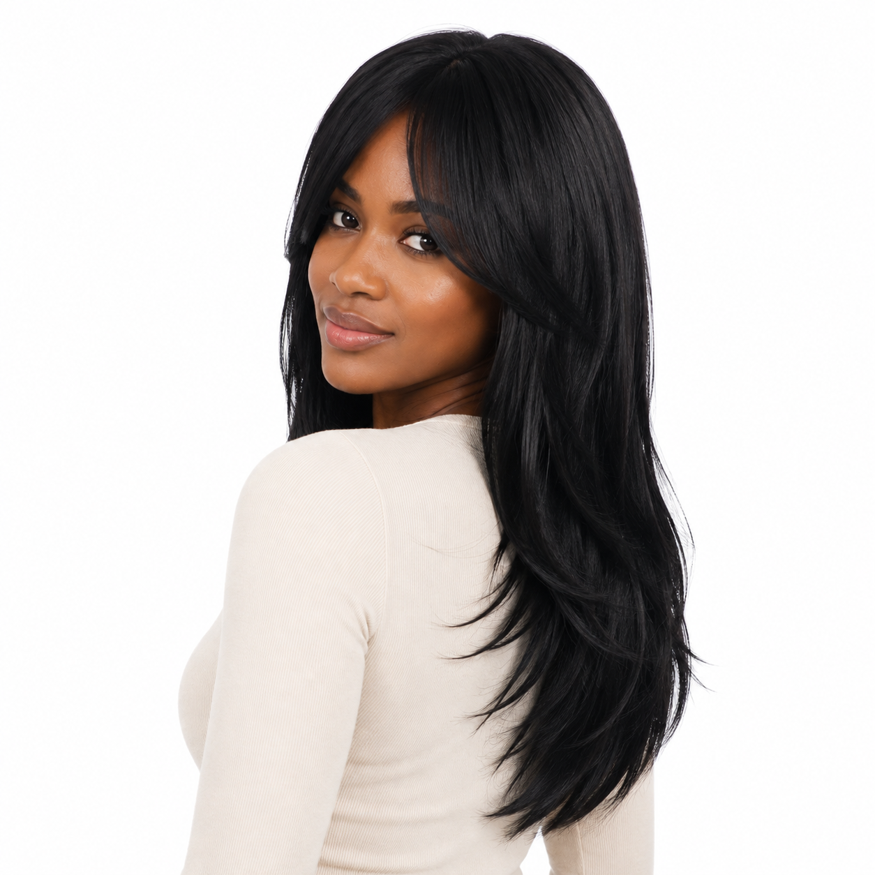 Long Layered Straight Black Wig with Curtain Bangs | Heat Resistant Synthetic Wig