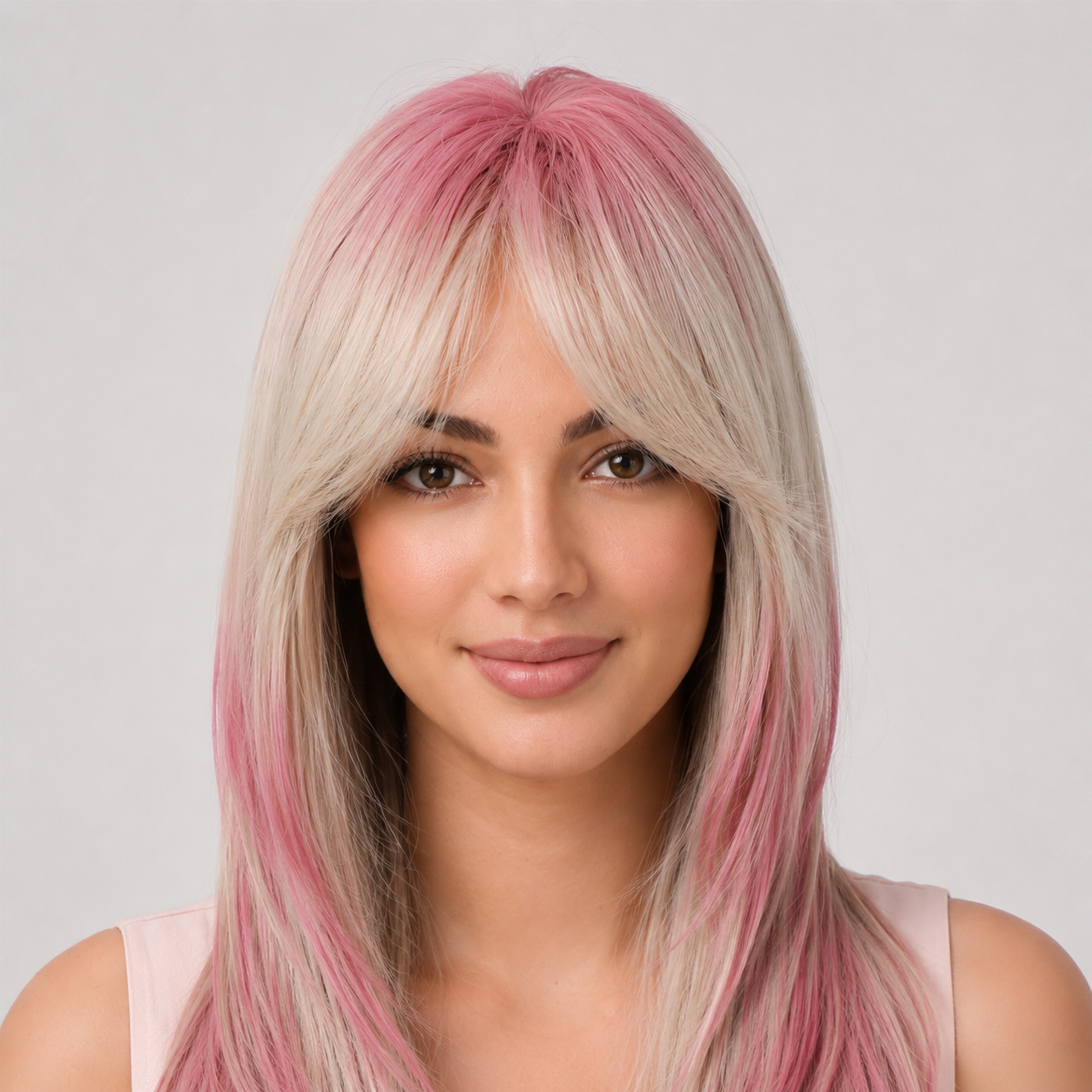 Pink Ombre Long Straight Wig with Curtain Bangs | Heat Resistant Synthetic Wig