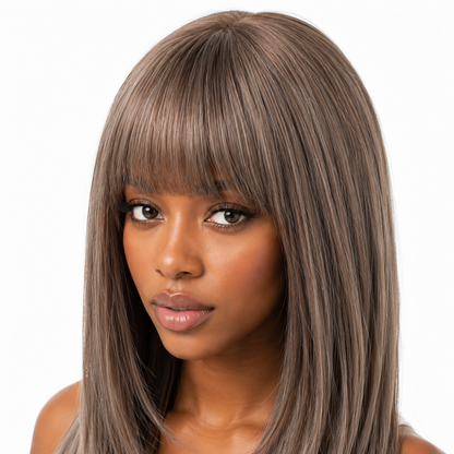 Ash Brown Layered Straight Wig with Bangs | Heat Resistant Wig